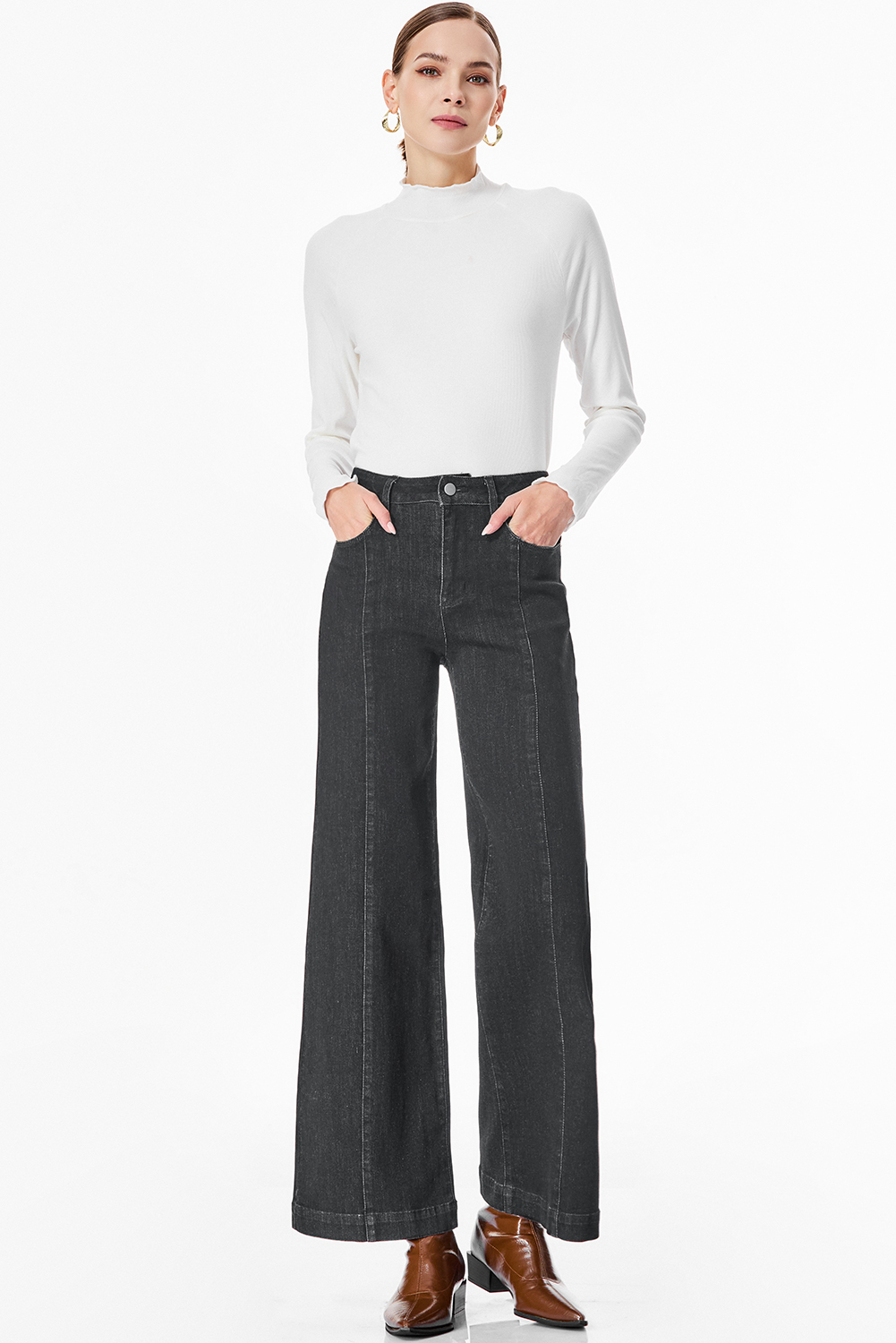 Black Plain Seam Detail Flared Bottom Ankle Length Jeans - loveforevers
