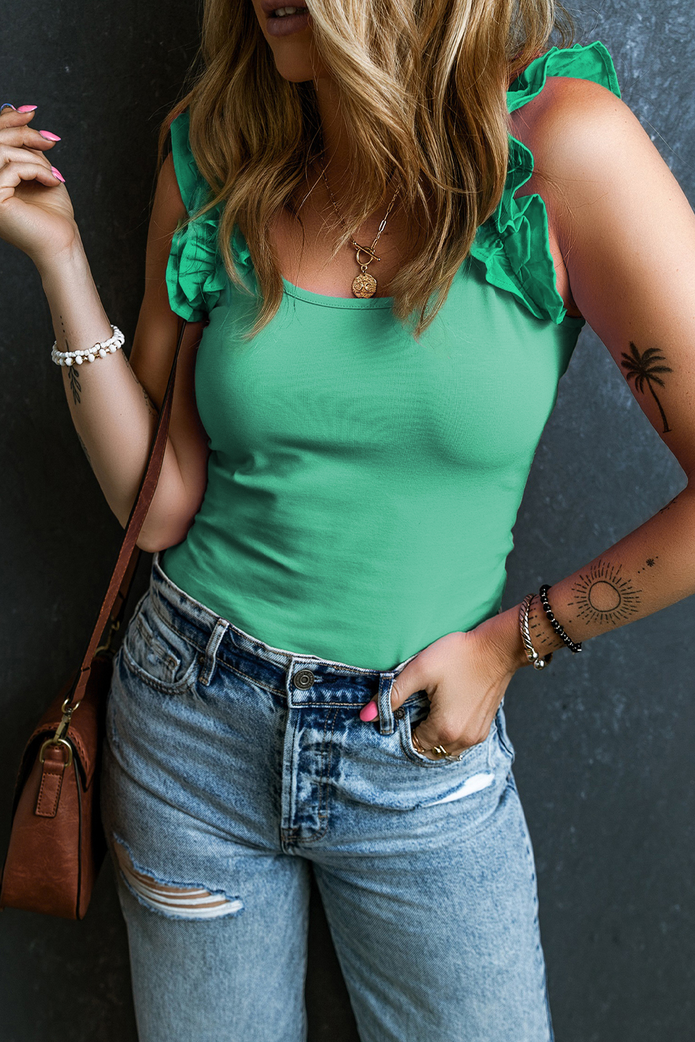 Mint Green Ruffled Wide Straps Slim Tank Top - loveforevers