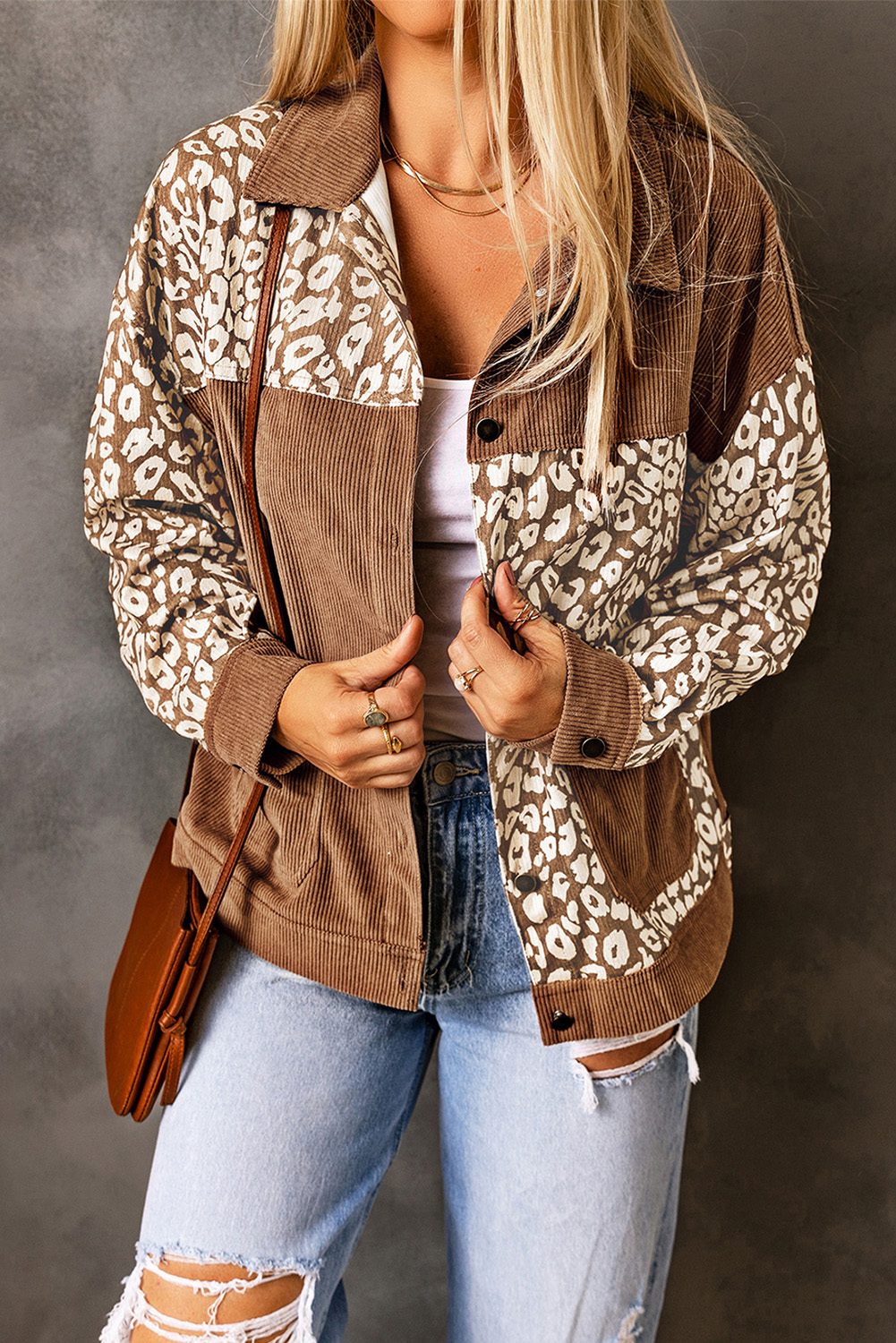 Brown Leopard Print Corduroy Long Sleeve Jacket - loveforevers