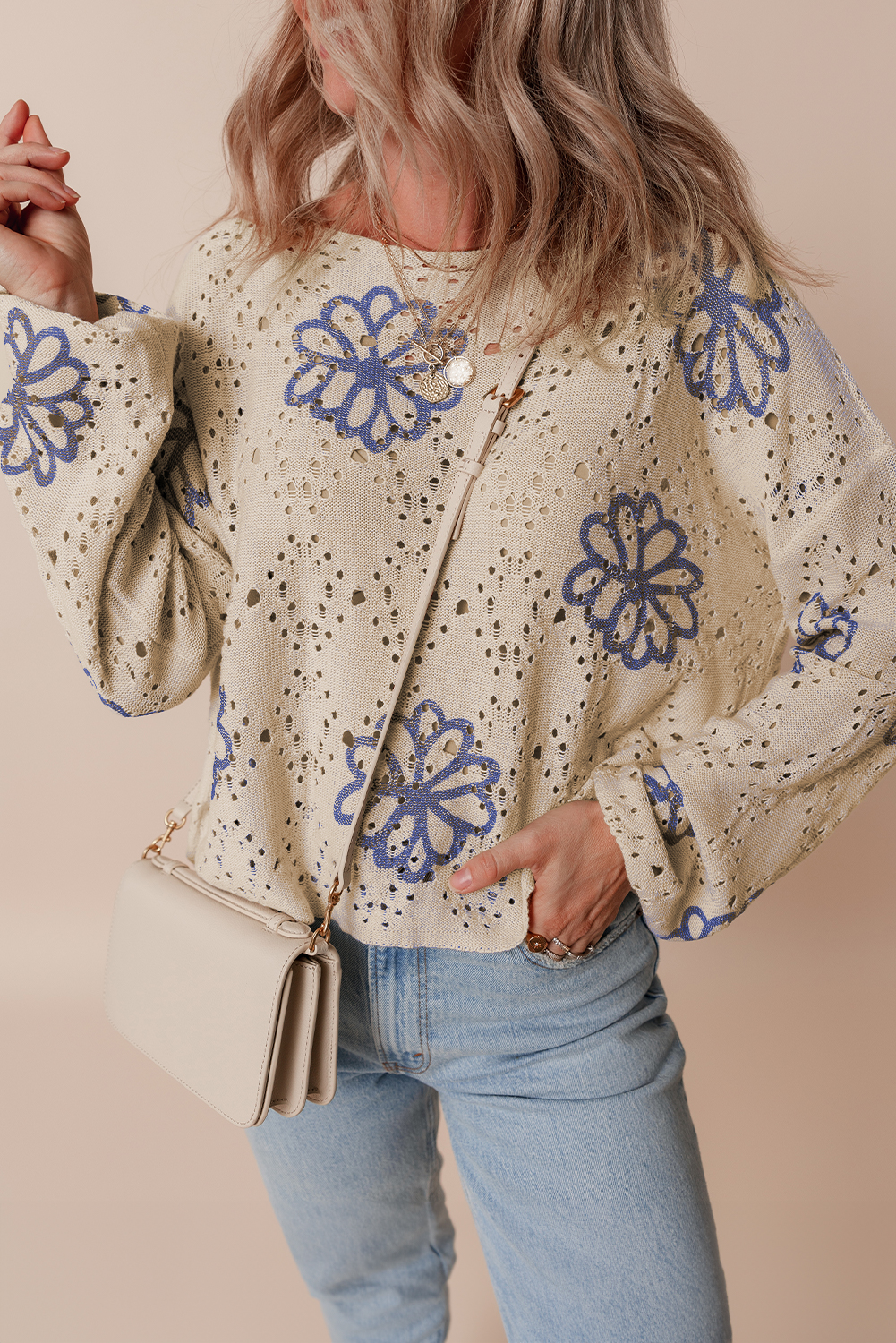 Beige Contrast Flower Print Eyelet Drop Shoulder Sweater - loveforevers