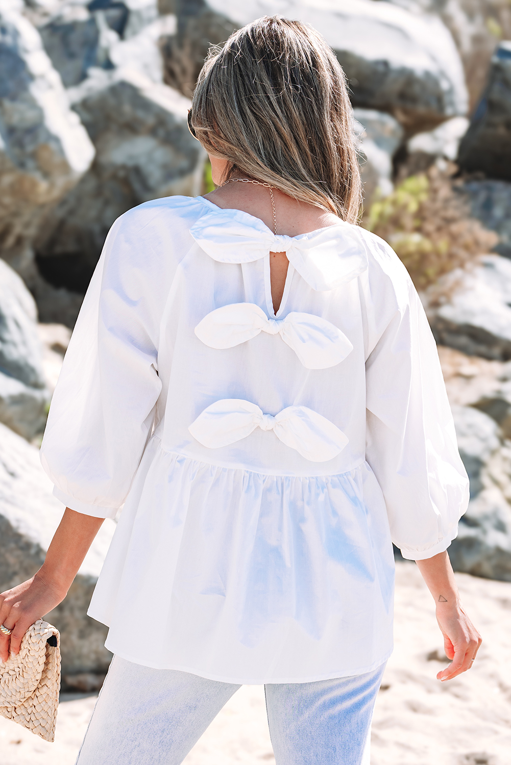 White Bow Knot Cutout Back Loose Fit 3/4 Sleeve Blouse - loveforevers