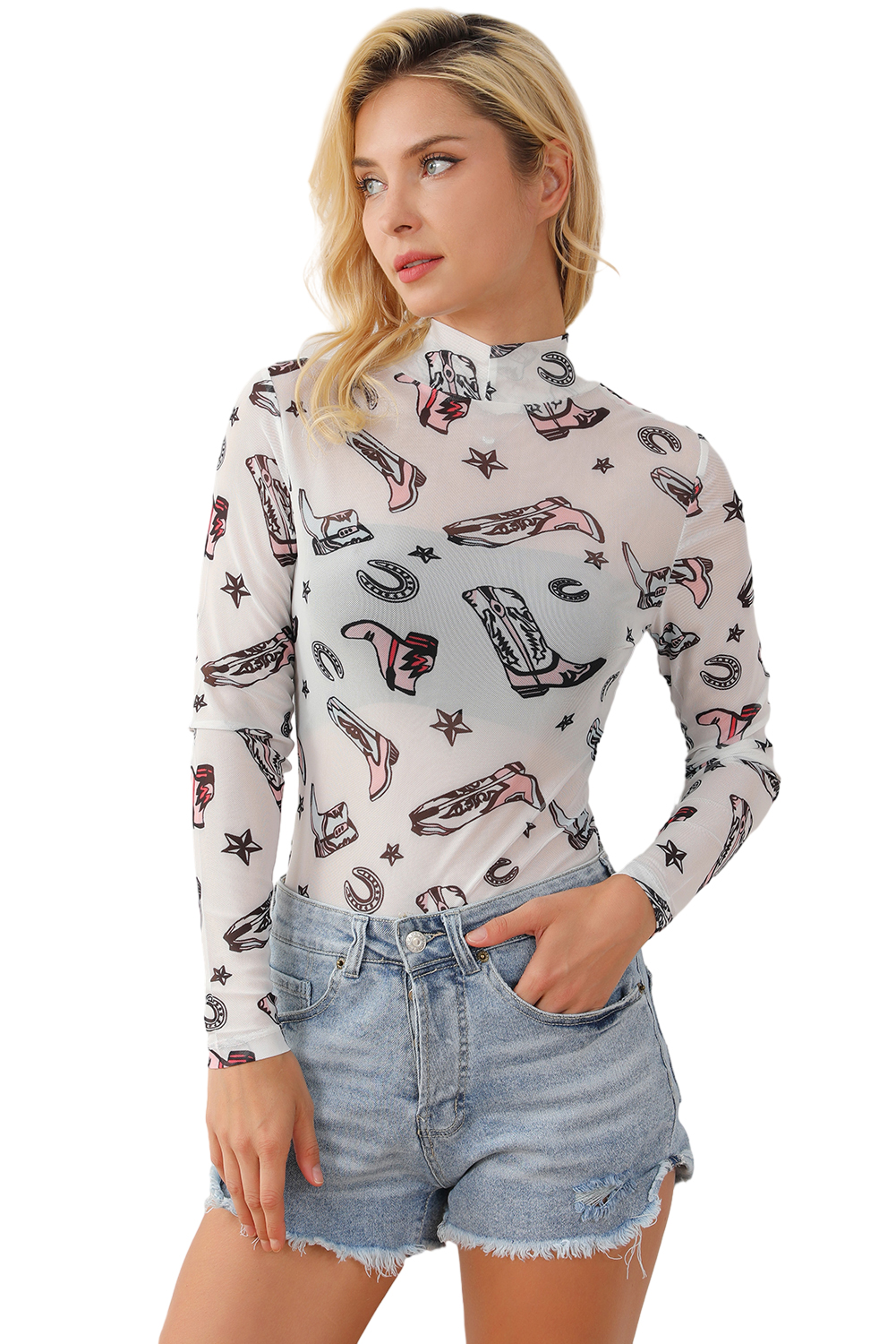 White Rodeo Bound Printed Long Sleeve Bodysuit - loveforevers