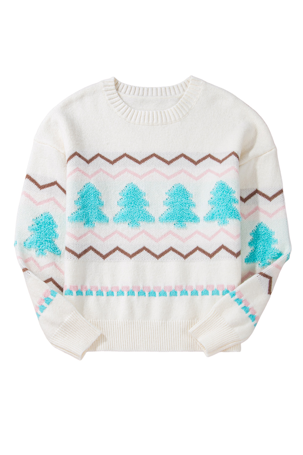 White Striped Christmas Tree Ribbed Trim Drop Shoulder Sweater - loveforevers