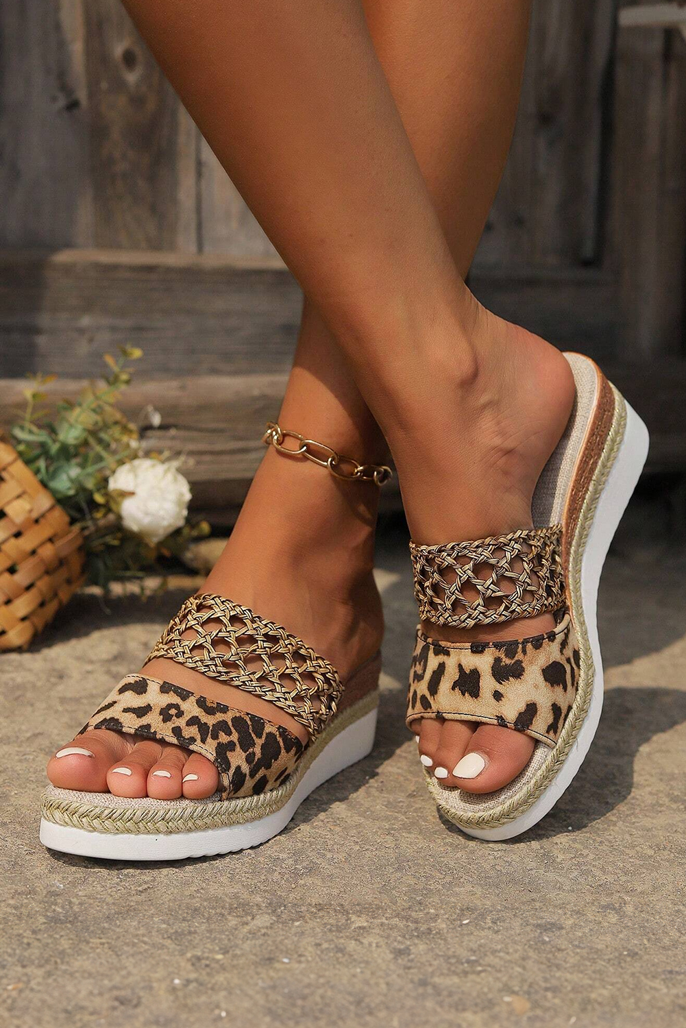 Chestnut Leopard Print Braided Details Wedge Slippers - loveforevers