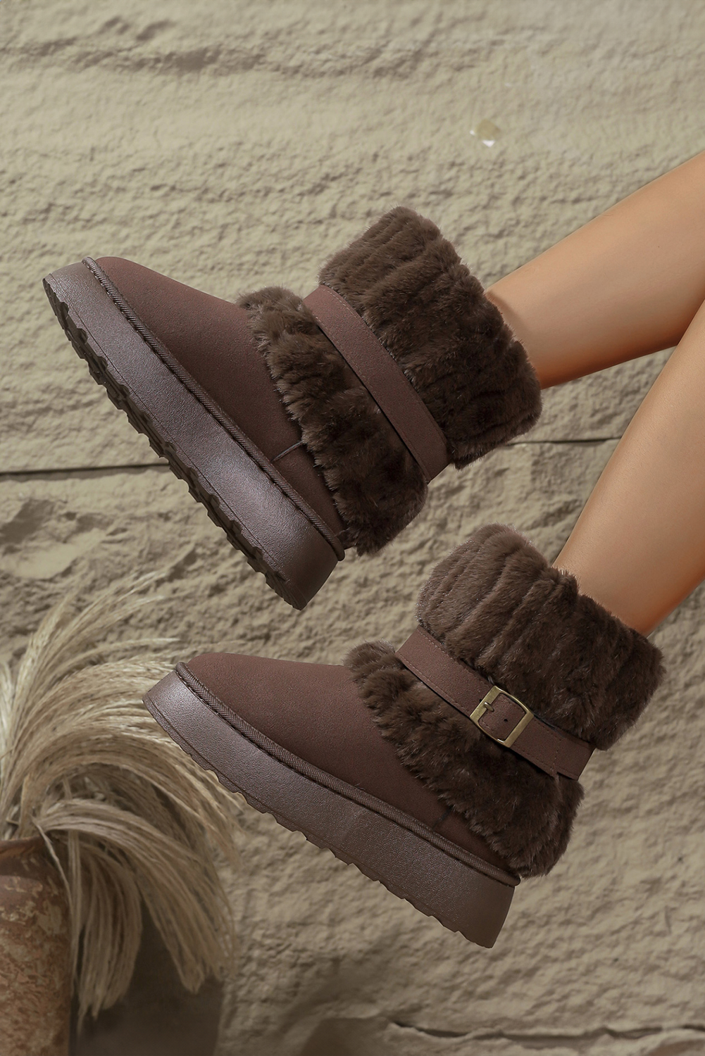 Dark Brown Versatile Fuzzy Cuff Faux Suede PU Leather Slip On Lug Sole Ankle Booties - loveforevers