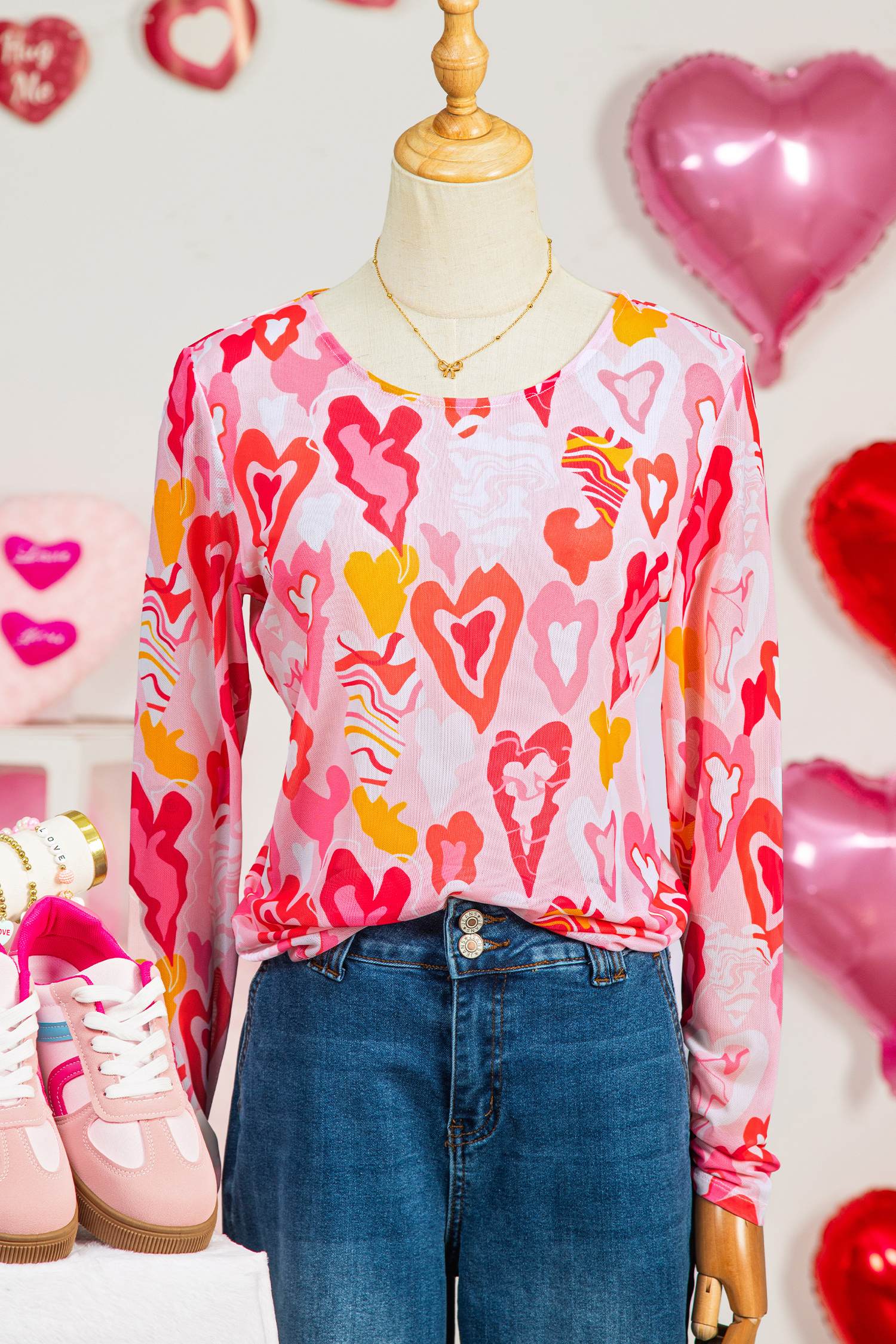 Rose Valentine Heart Mesh Long Sleeve Top - loveforevers