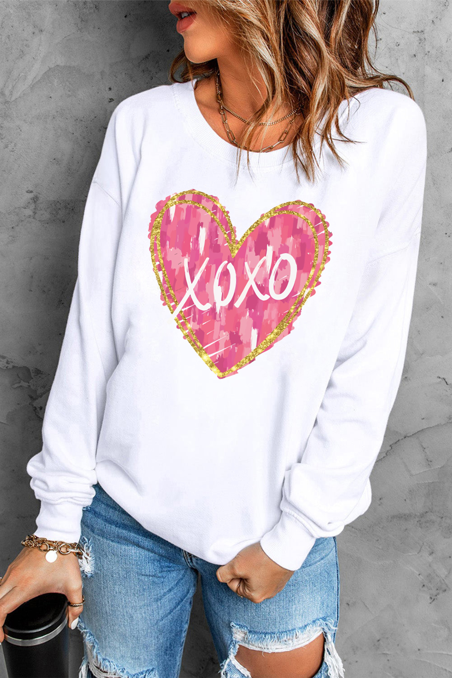 White xoxo Glitter Trim Brushstroke Heart Printed Pullover Sweatshirt - loveforevers