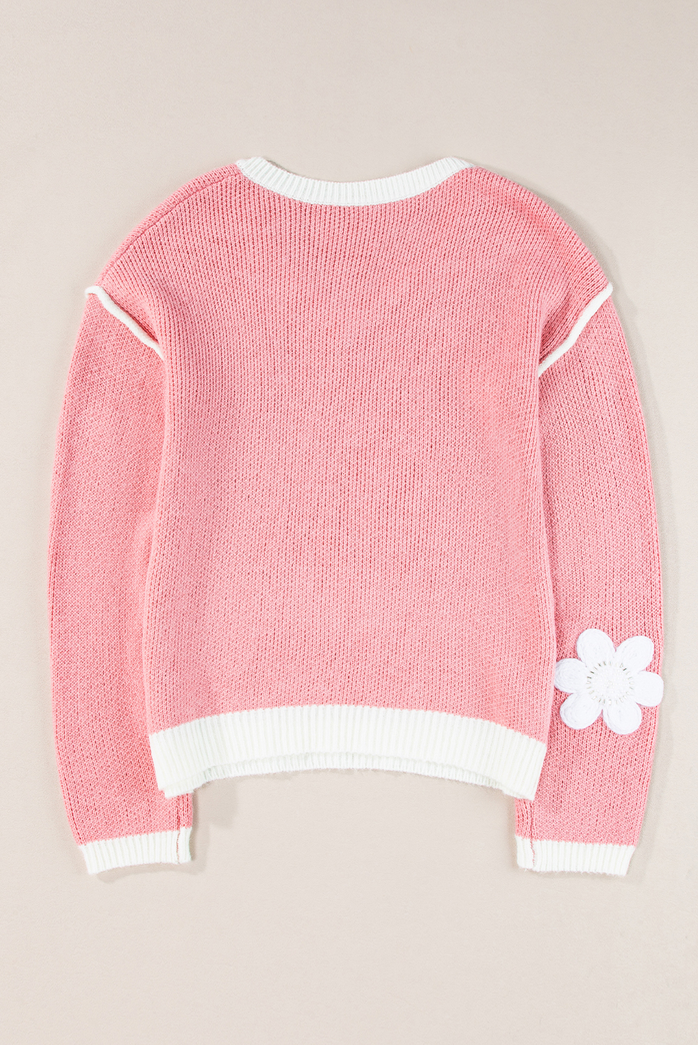 Pink Flower V Neck Dropped Shoulder Sweater - loveforevers