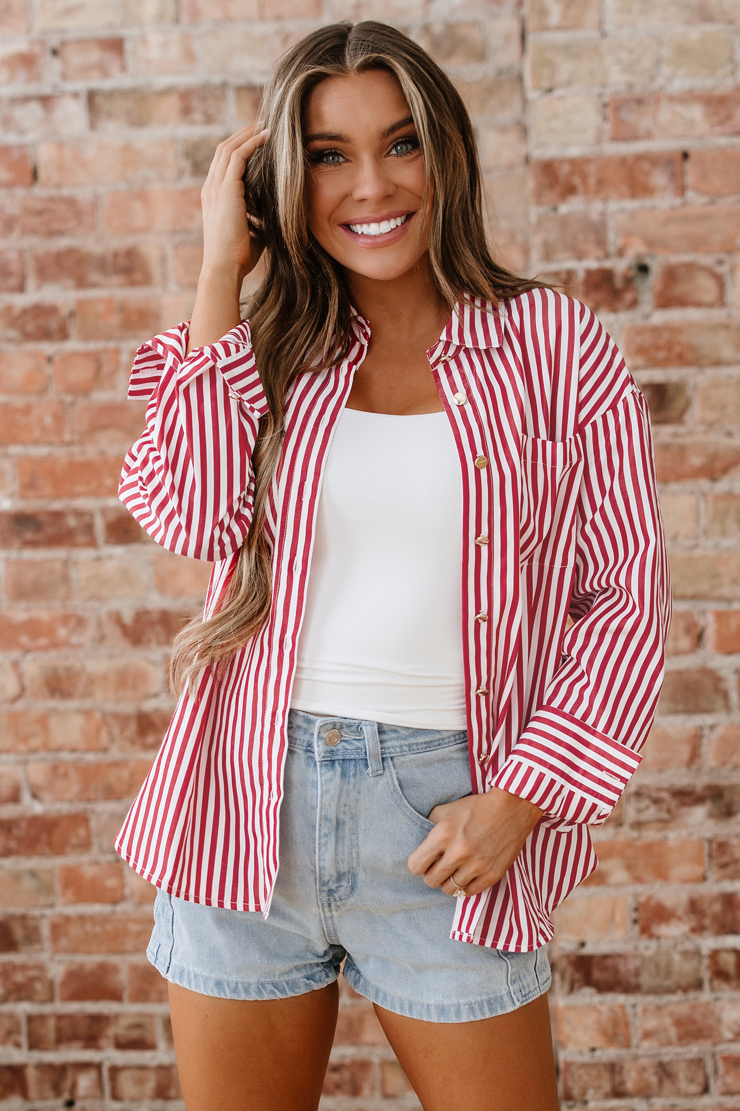 Red Stripe Patched Pocket Side Slit Loose Shirt - loveforevers