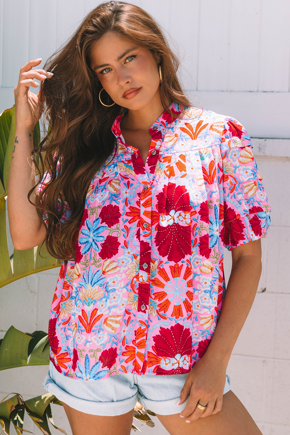 Pink Floral Print Bubble Sleeve Button Up Pleated Shirt - loveforevers