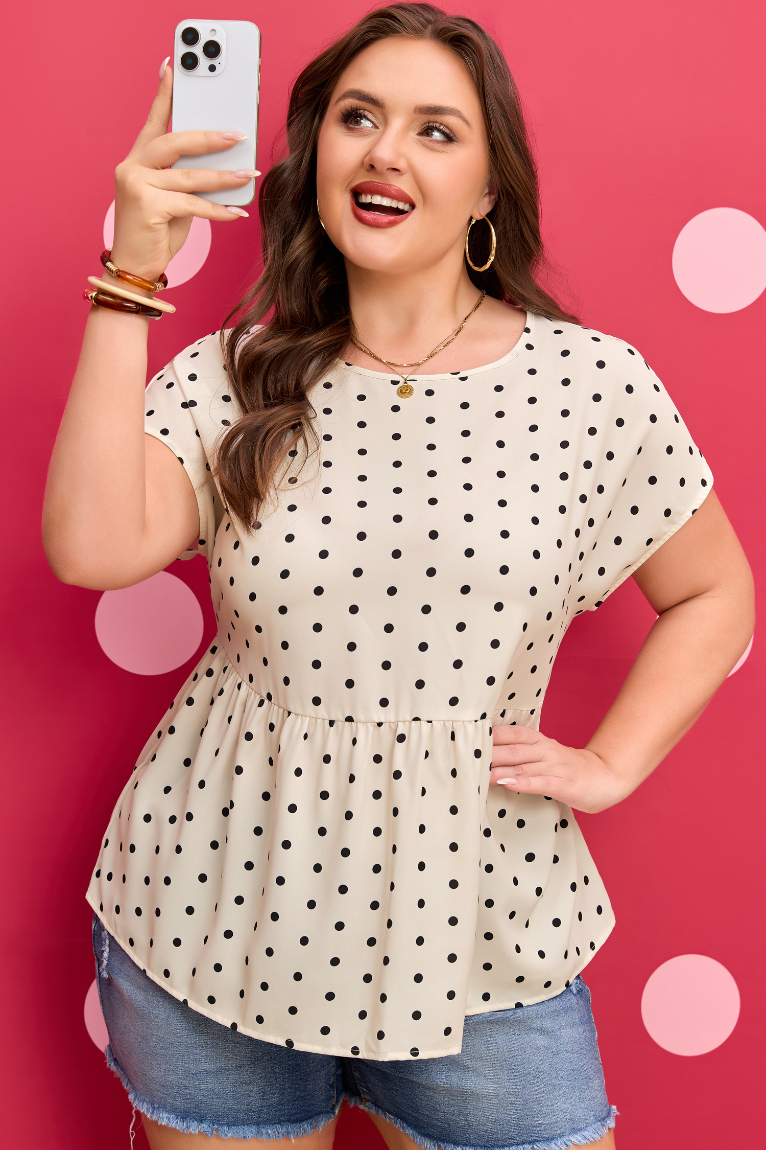 Apricot Plus Size Polka Dot Print Button Detail Short Sleeve Babydoll Blouse - loveforevers