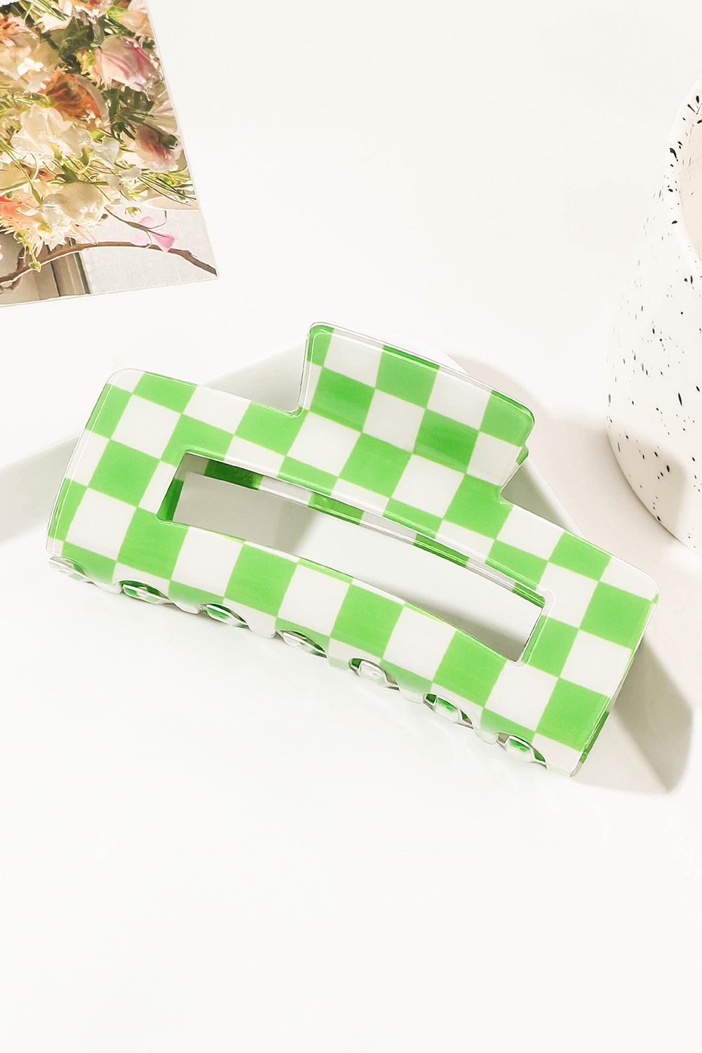 Light Green Checkered Print Hollow Out Hair Clip - loveforevers