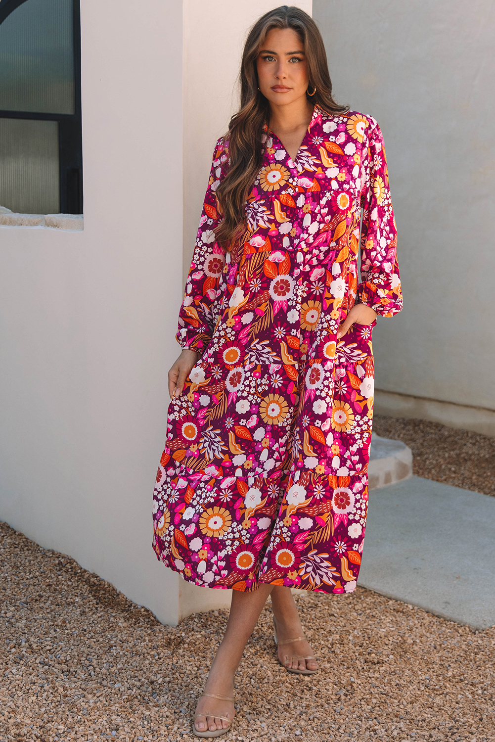 Purple Collared Tiered Flowy Long Dress - loveforevers