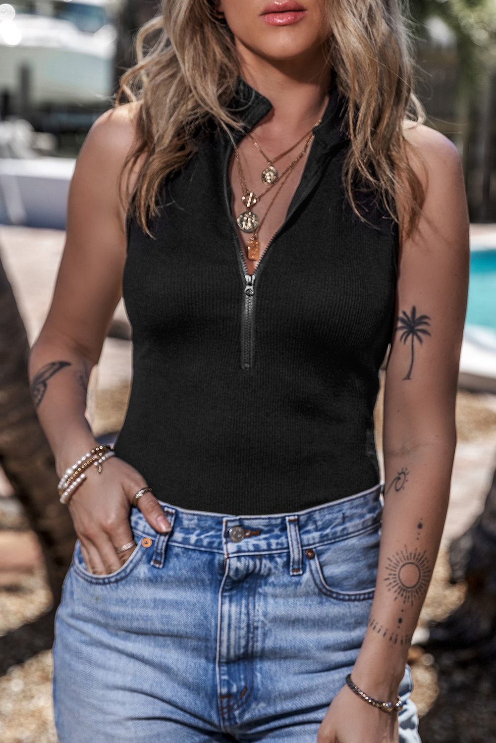 Black Zip up Mock Neck Ribbed Sleeveless Bodysuit - loveforevers