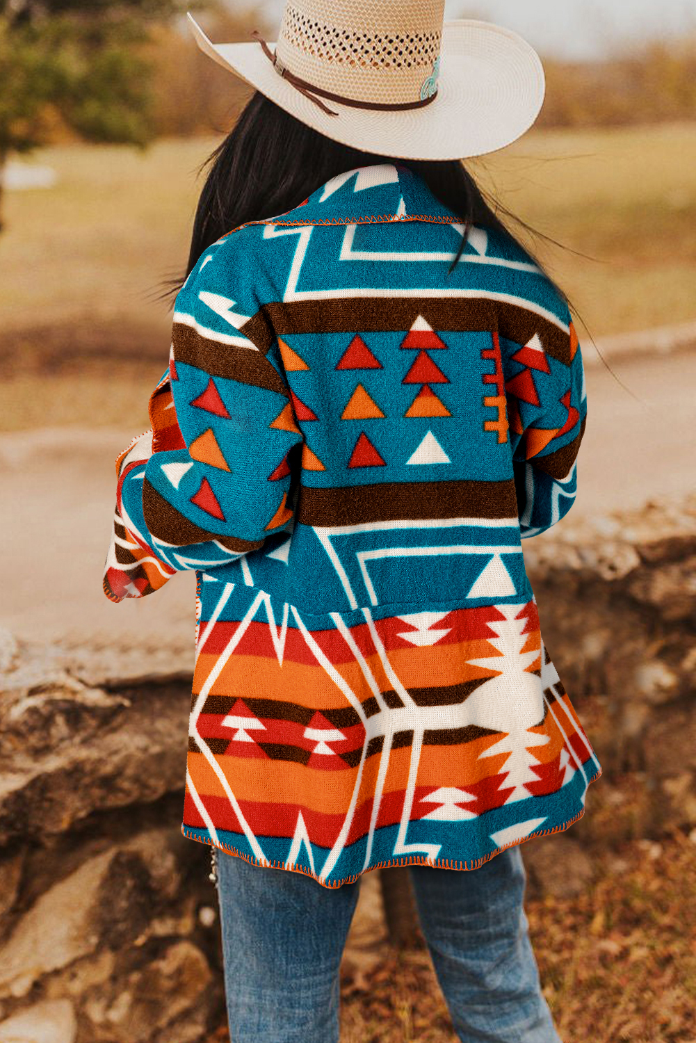 Sky Blue Aztec Printed Lapel Bell Sleeve Jacket - loveforevers