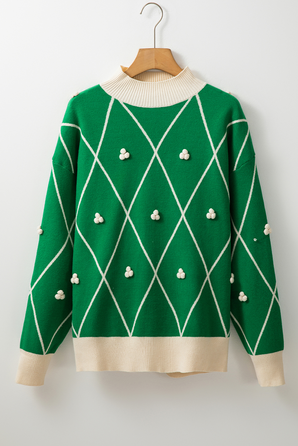 Dark Green Diamond Pattern Pom Accents Contrast Trim High Neck Sweater - loveforevers