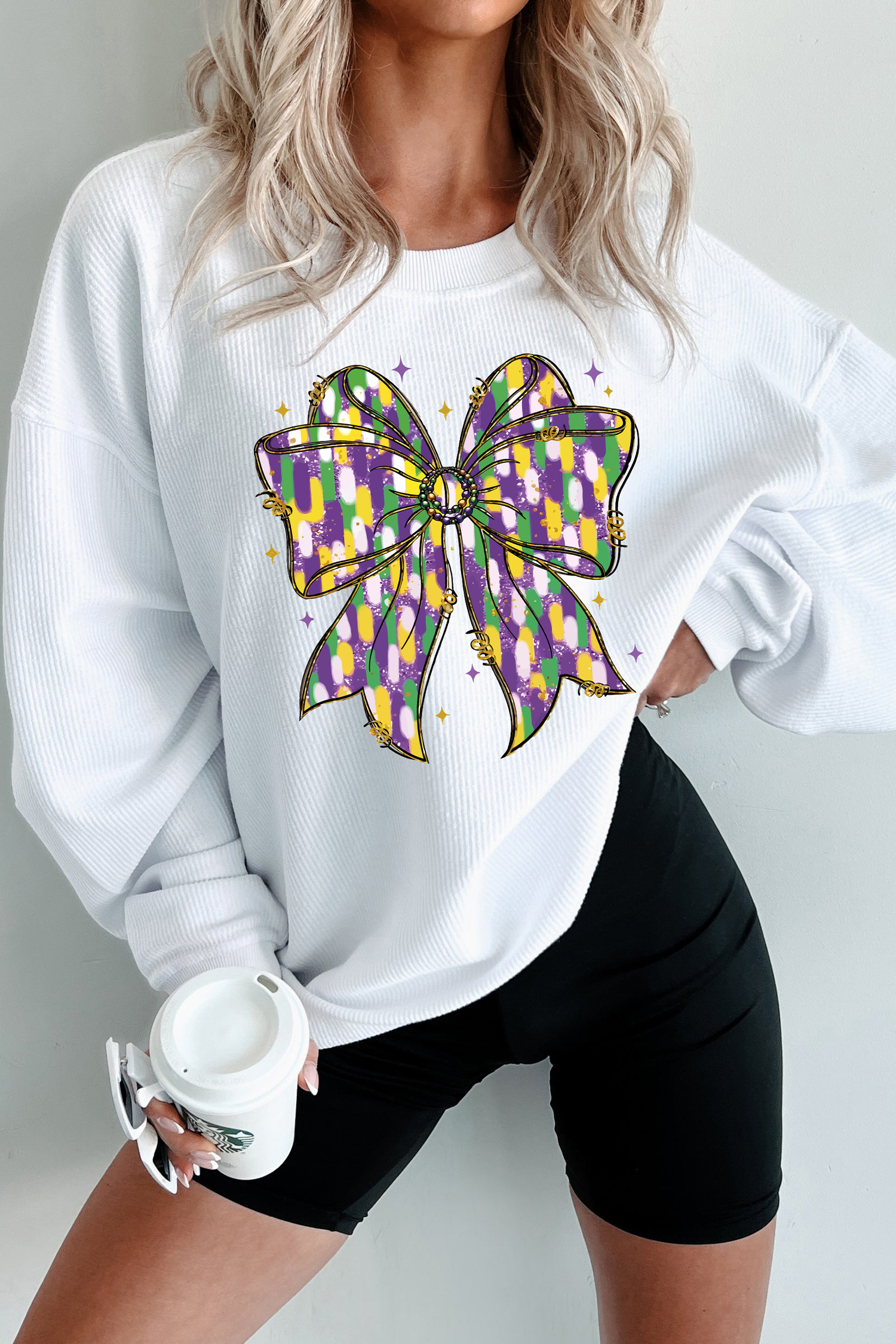 White Mardi Cheerful Bow Printed Corded Ribbed Sweatshirt - loveforevers