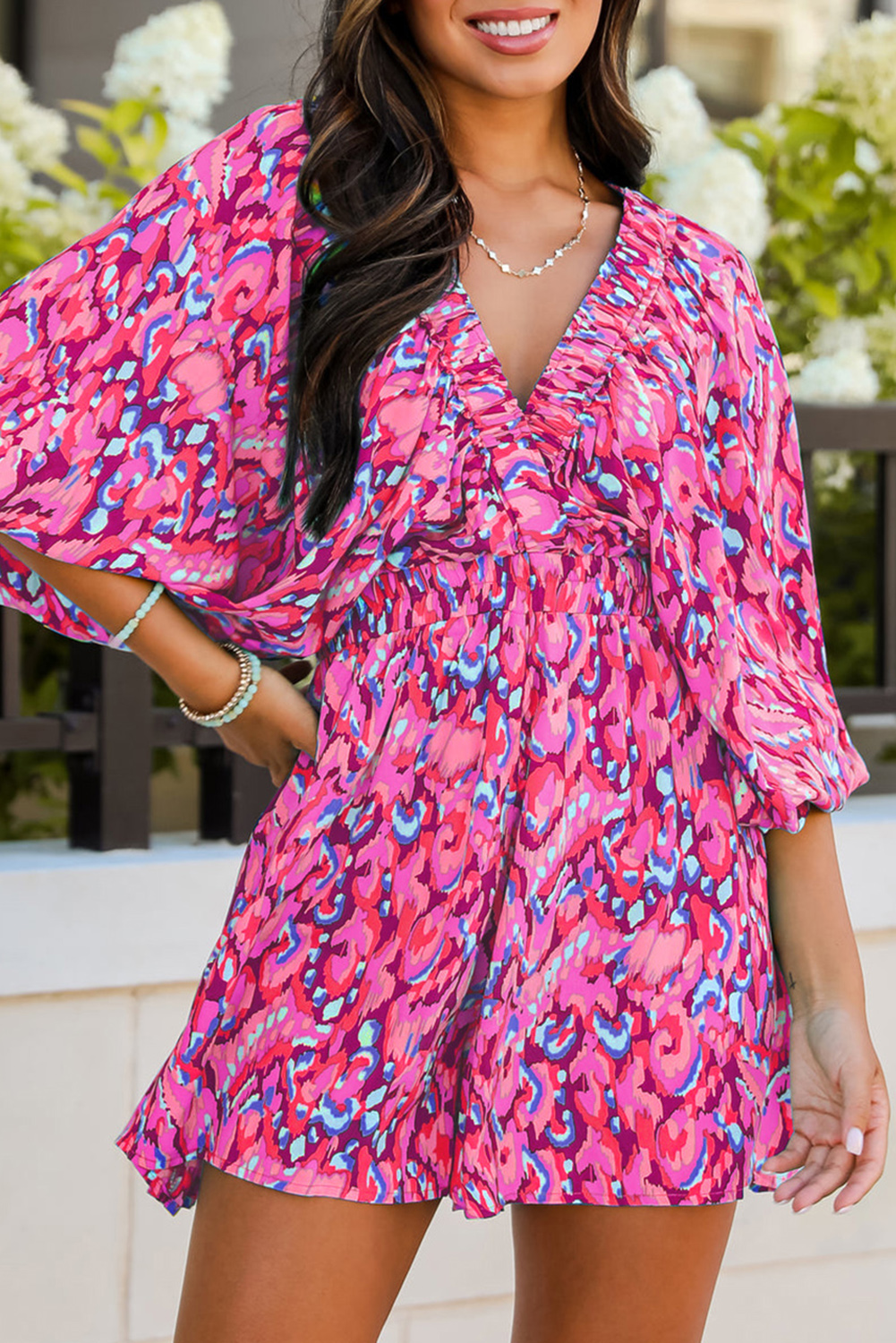 Pink Abstract Print Puff Sleeve V Neck High Waist Romper - loveforevers