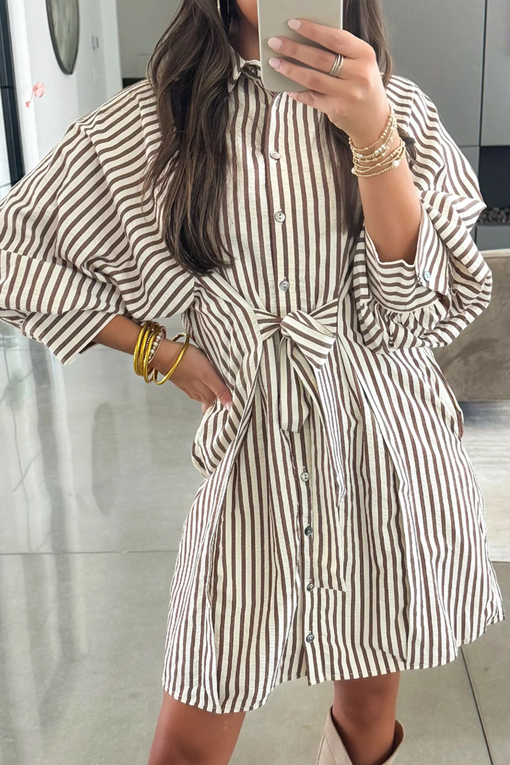 Brown Stripe Knot Waist Puff Sleeve Button Down Mini Shirt Dress - loveforevers
