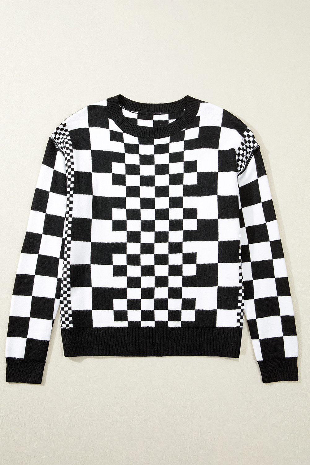 Khaki Checkered Print Drop Shoulder Round Neck Sweater - loveforevers