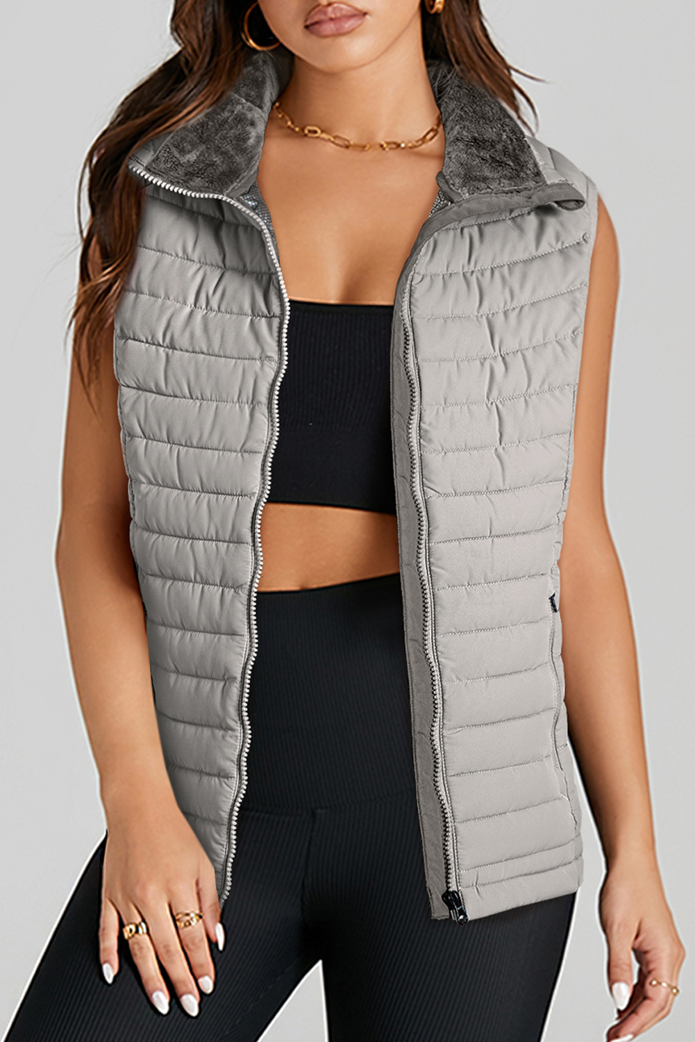 Silvery Plush Collared Quilted Zipped Puffer Vest - loveforevers