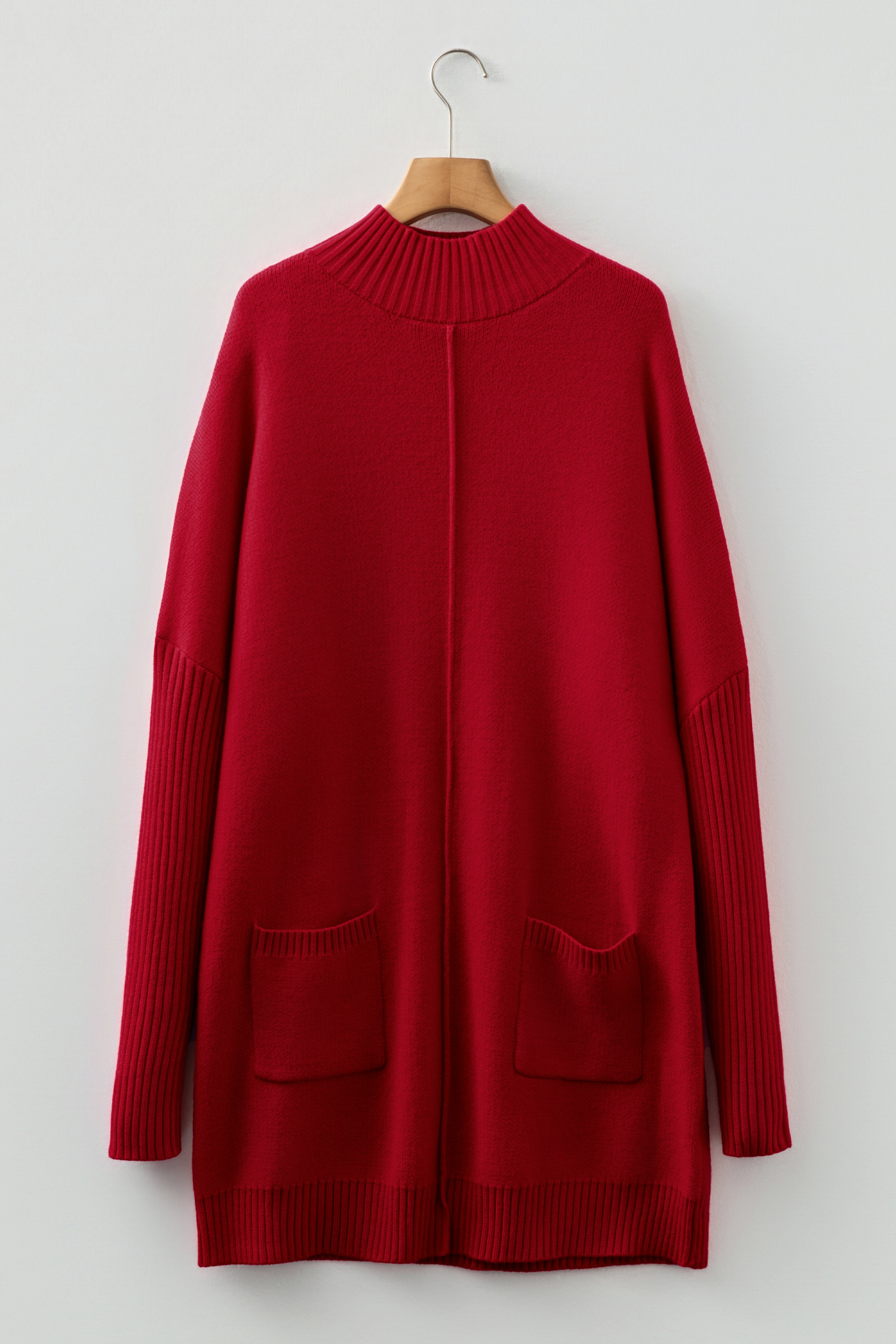 Fiery Red Ribbed High Neck Front Pockets Center Seam Shift Sweater Dress - loveforevers