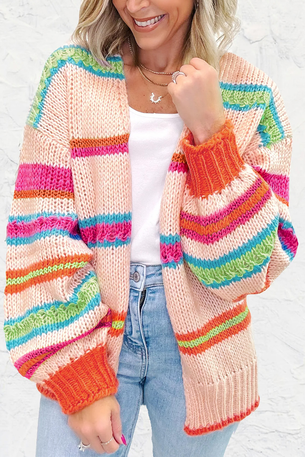Multicolour Open Front Striped Pattern Knit Oversize Cardigan - loveforevers