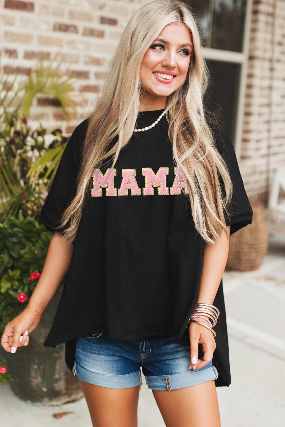 Black MAMA Patched Graphic Drop Shoulder Loose Tee - loveforevers