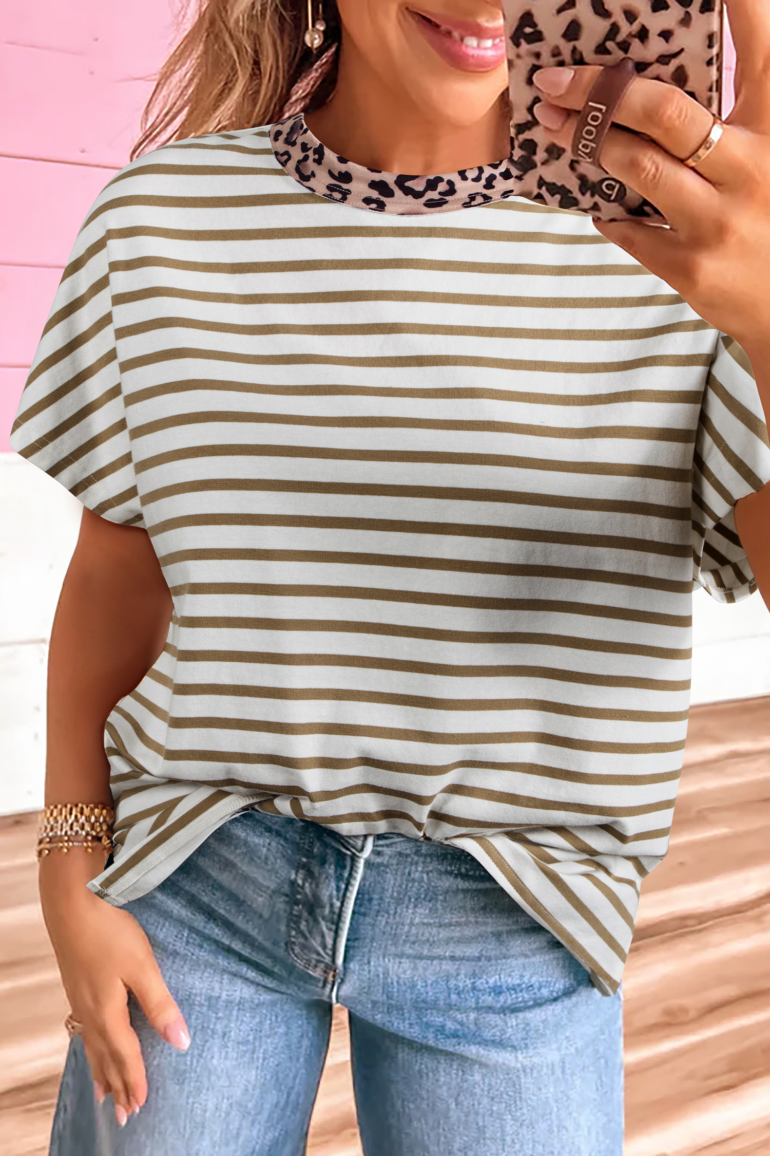 Khaki Stripe Leopard Patchwork Round Neck Loose T Shirt - loveforevers