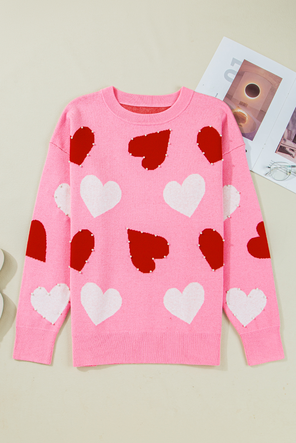 Pink Pearl Embellished Heart Pattern Valentines Day Sweater - loveforevers