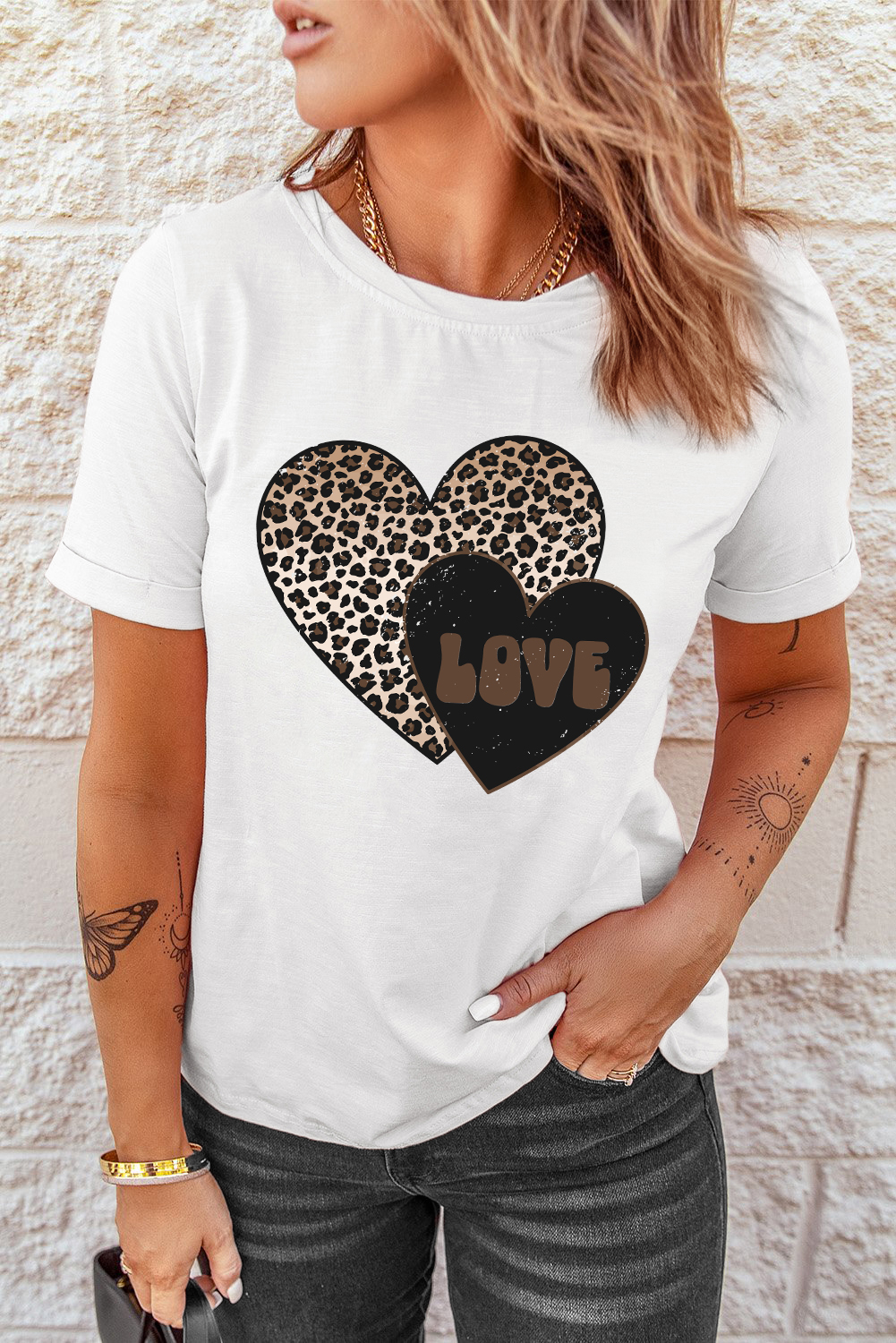 White Leopard LOVE Double Heart Printed Valentines Graphic Tee - loveforevers