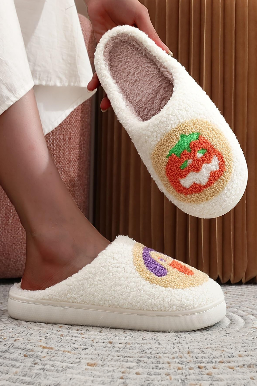 White Halloween Pumpkin Plush Winter Home Slippers - loveforevers