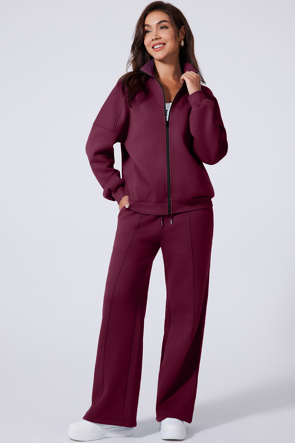 Navy Blue Drop Shoulder Zip Up Jacket Drawstring Pants Active 2pcs Set - loveforevers