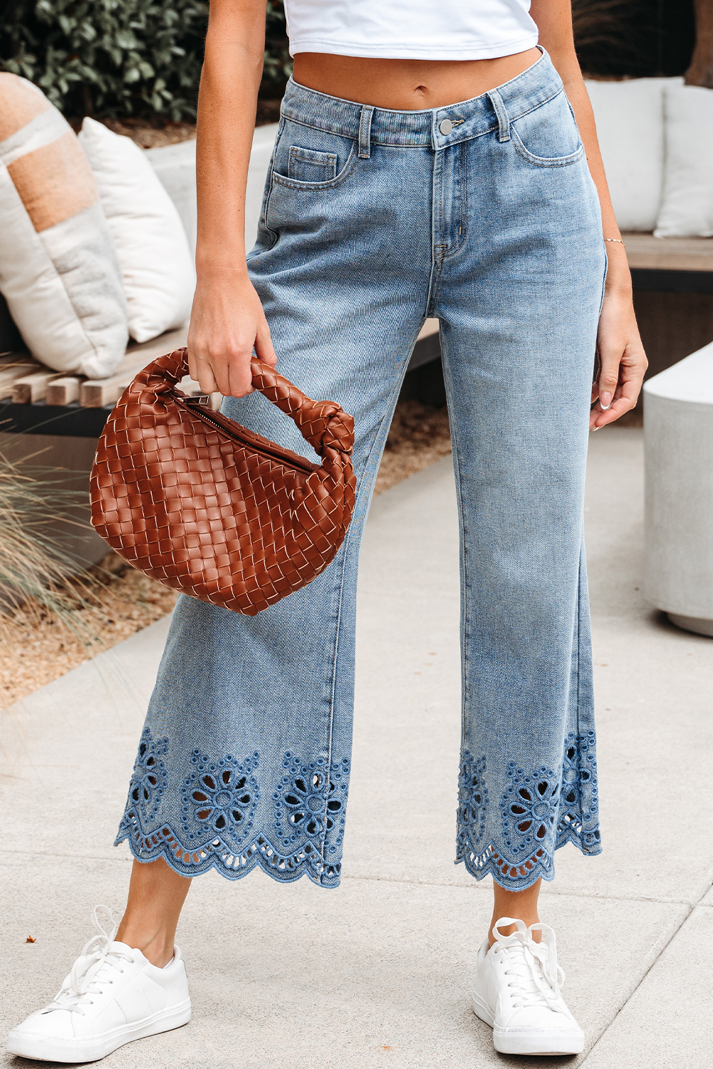 Dusk Blue Embroidered Cropped Wide Leg High Waist Jeans - loveforevers