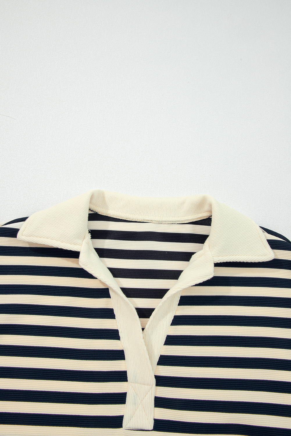 Blue Stripe Collared V Neck Long Sleeve Casual Top - loveforevers