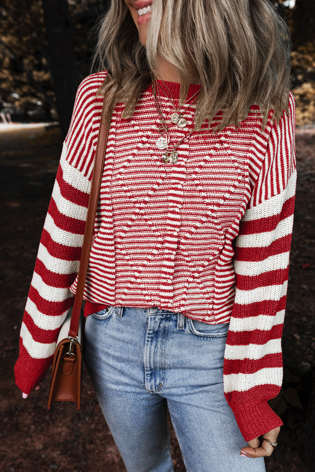 Gray Stripe Geometric Textured Drop Shoulder Sweater - loveforevers