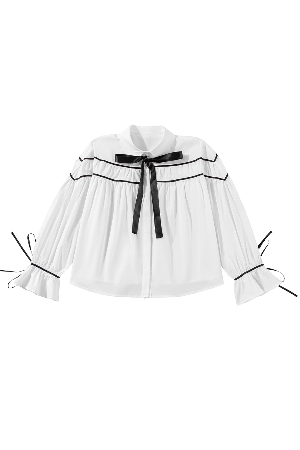 White Black Pipping Ribbon Bowtie Collared Ruffled Puff Sleeve Shirt - loveforevers