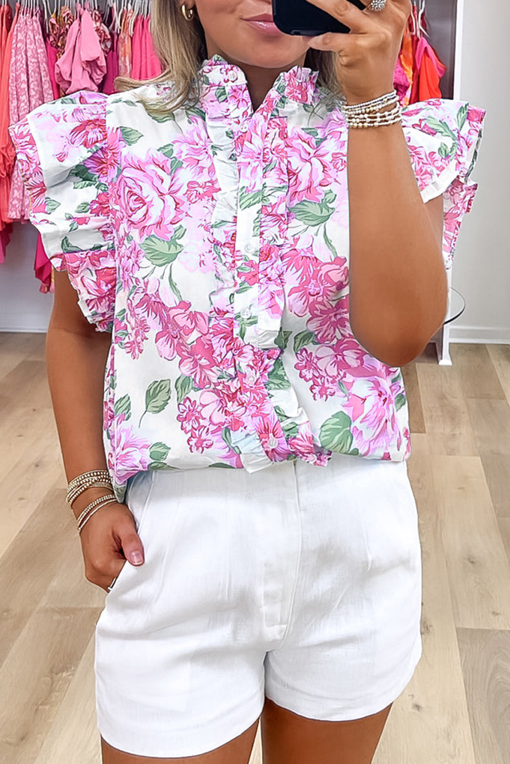 Pink Floral Print Ruffle Sleeve Frilly Button Up Shirt - loveforevers
