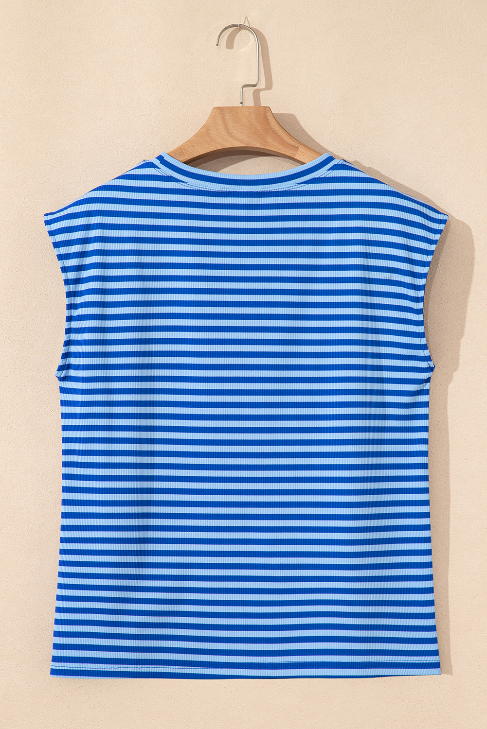 Sky Blue Stripe Ribbed Cap Sleeve Round Neck T Shirt - loveforevers