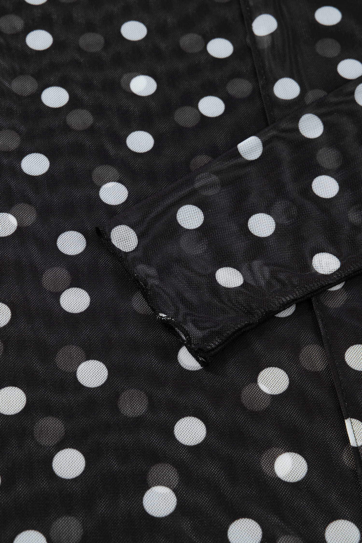 Black Polka Dot Patterned Bodycon Mock Neck Mesh Long Sleeve Top - loveforevers