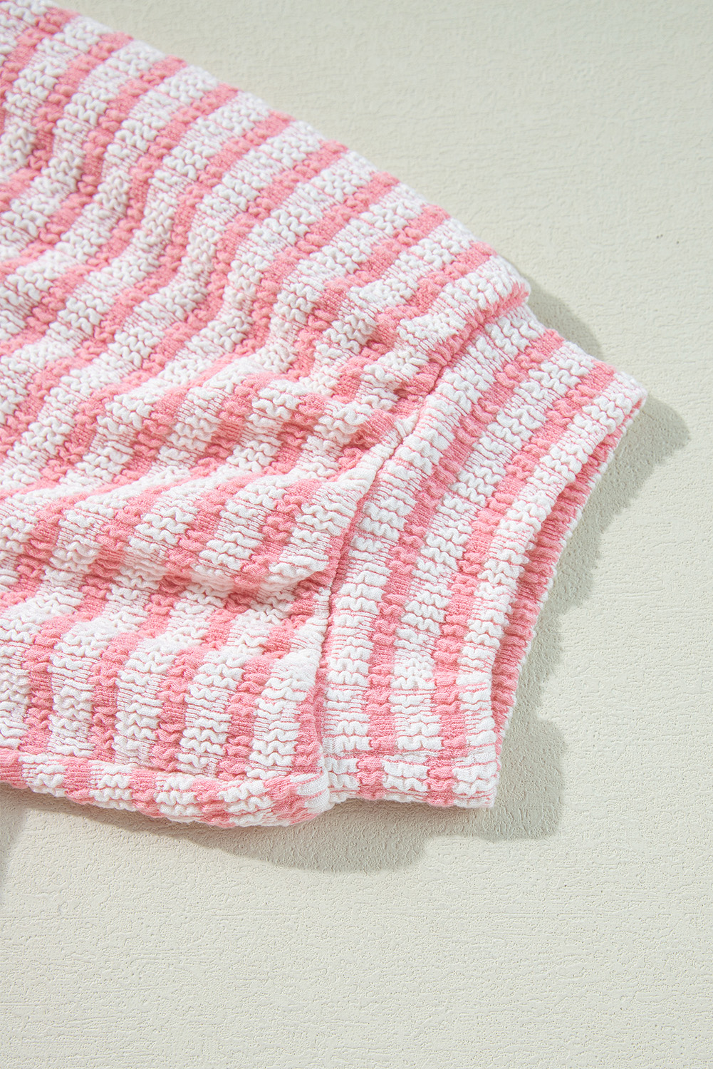 Pink Stripe Textured Puff Sleeve Crewneck Top - loveforevers
