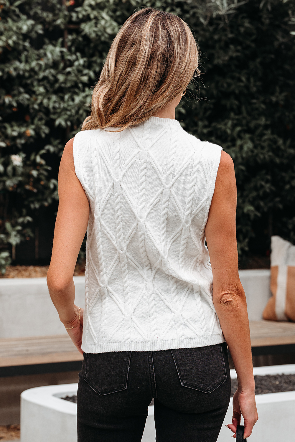 White Pearled High Neck Textured Knit Sweater Vest - loveforevers