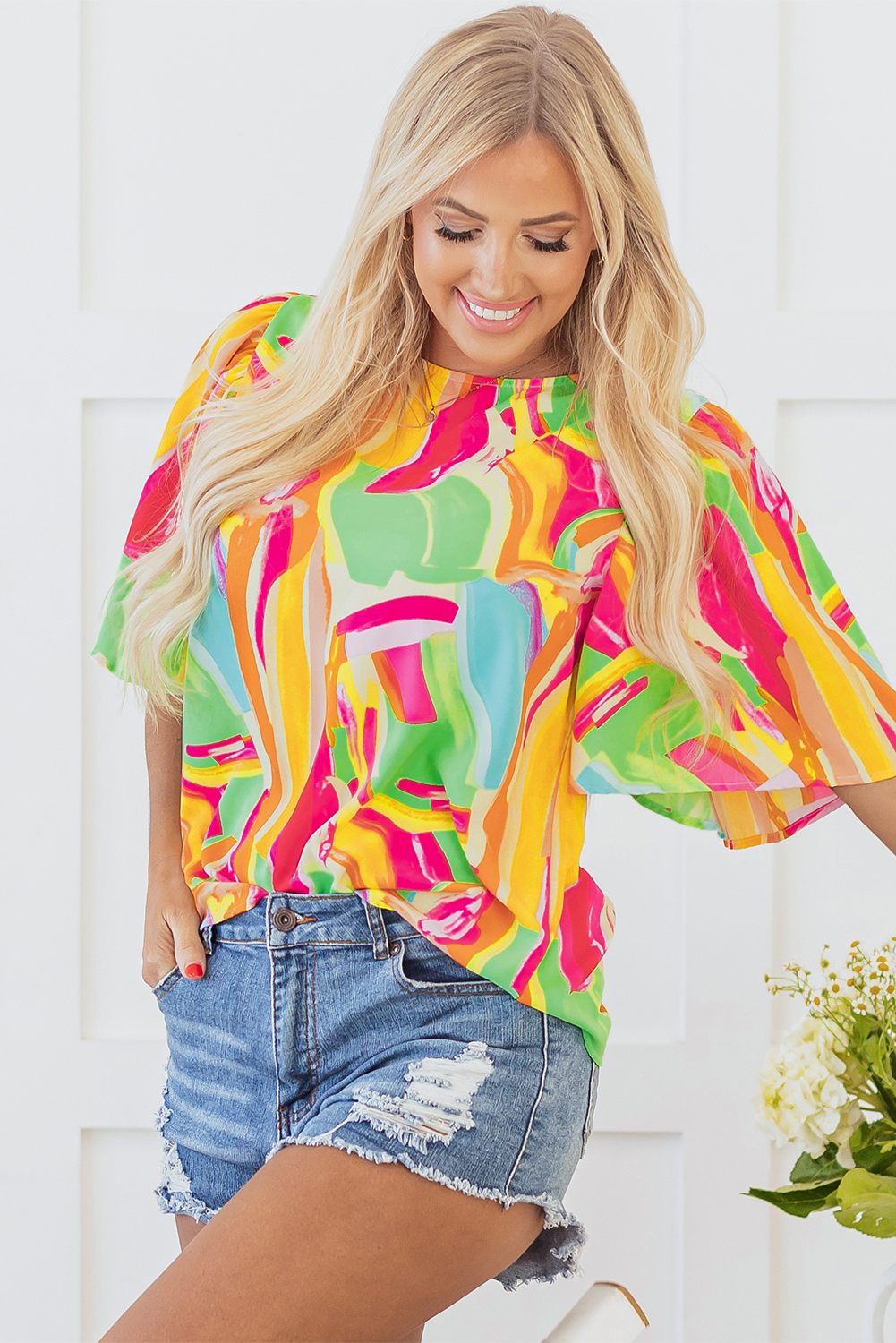 Multicolour Abstract Print Keyhole Back Pleated Half Sleeve Blouse - loveforevers