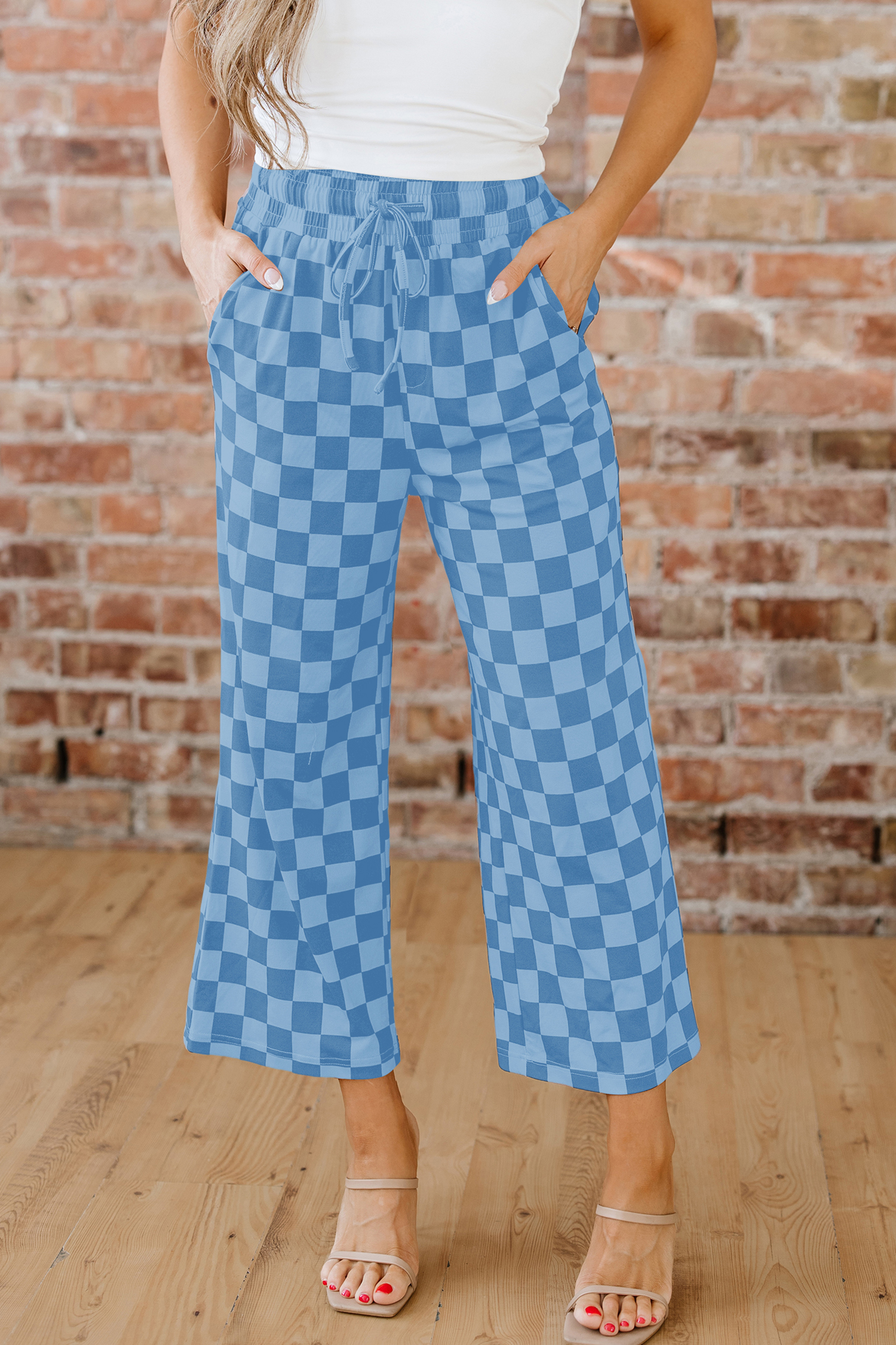 Khaki Checkered Elastic High Waist Loose Casual Pants - loveforevers