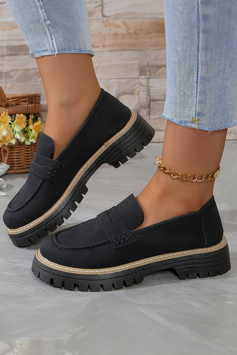Black Faux Suede Slip-on Chunky Loafers - loveforevers