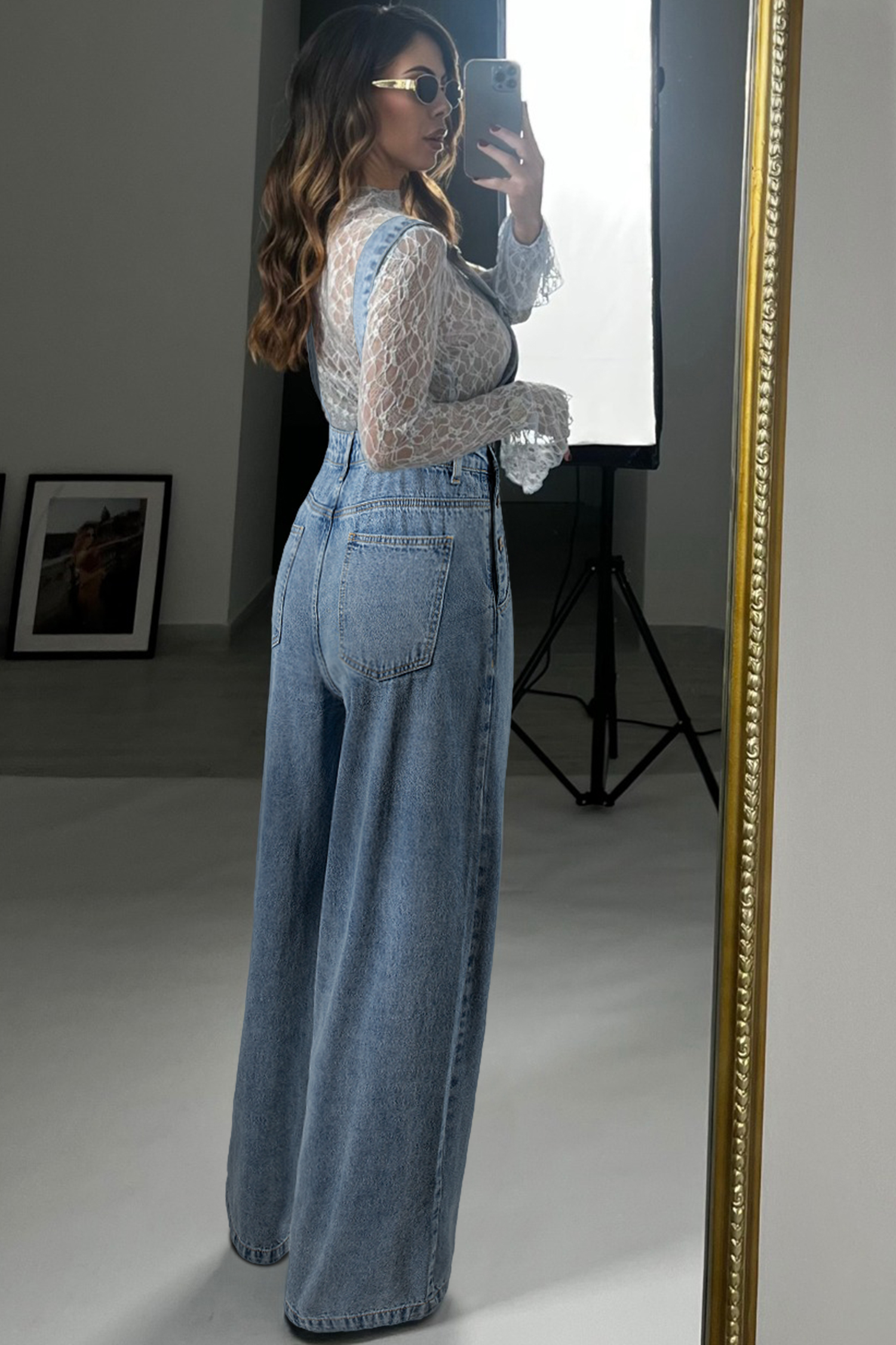 Dusk Blue Pleated Wide Leg Retro Pocketed Denim Jumpsuit - loveforevers