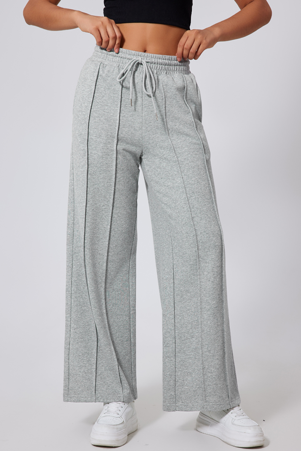 Black Seamed Drawstring High Waist Wide Leg Sweatpants - loveforevers