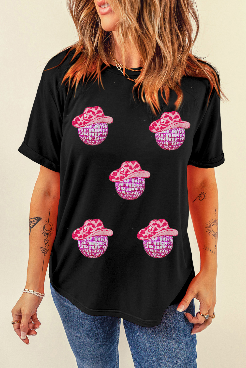Black Cowboy Hat Disco Ball Patched Round Neck T Shirt - loveforevers