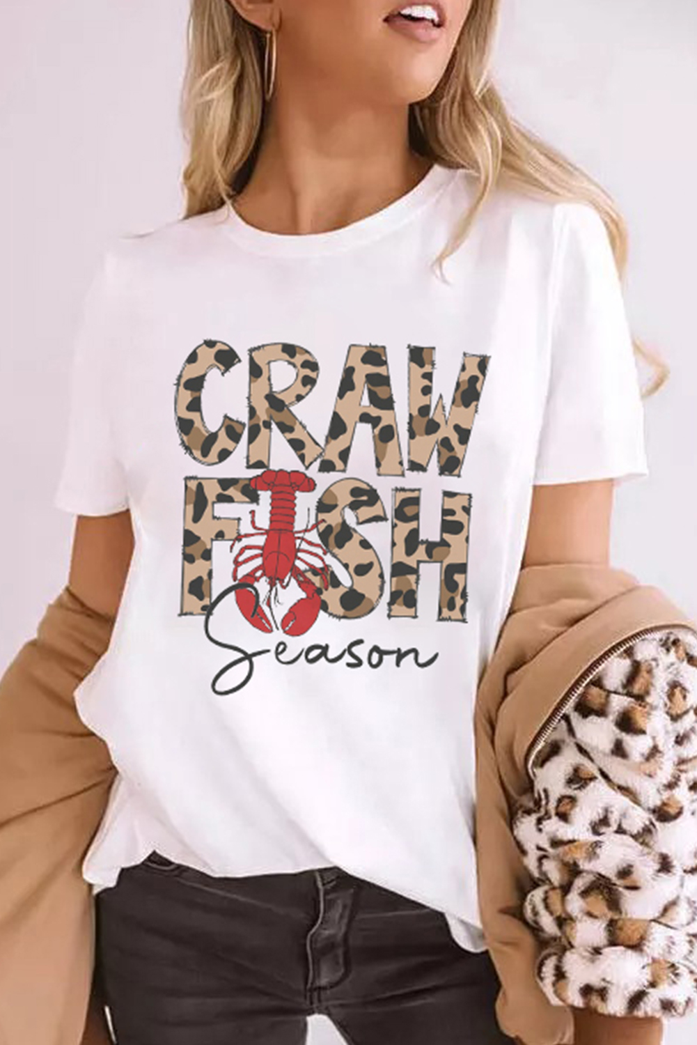 White Leopard CRAWFISH Season Lettering Casual Tee - loveforevers