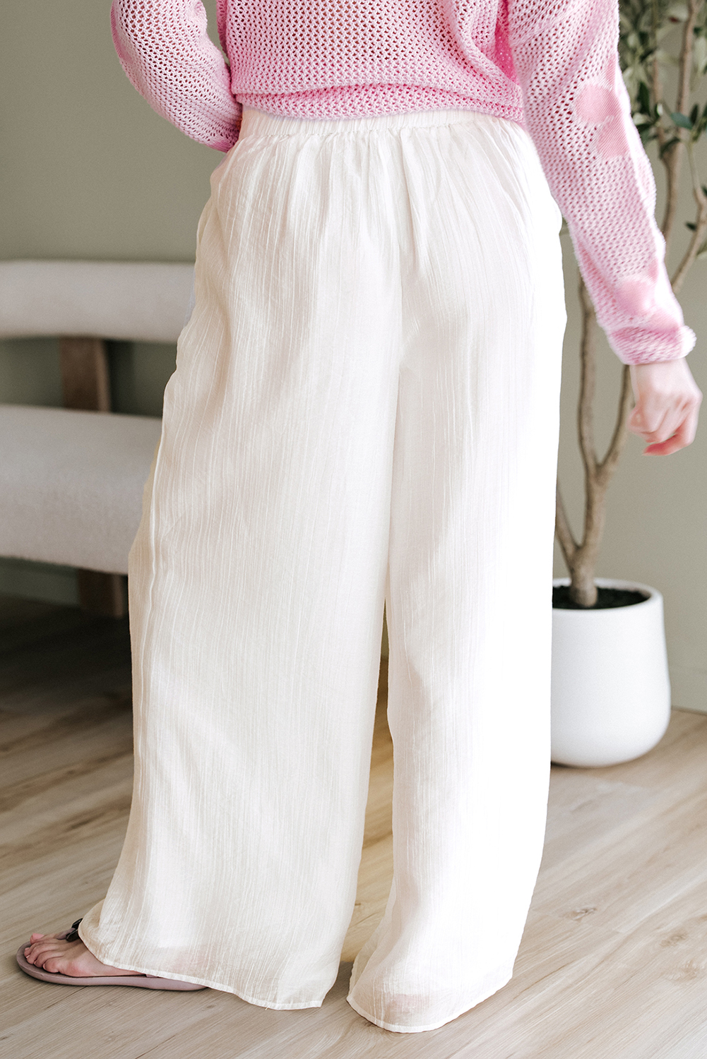 White Solid Drop Waist Pleated Wide Leg Casual Pants - loveforevers